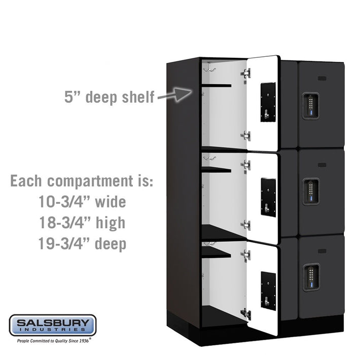 Salsbury 12" Wide Triple Tier Designer Wood Locker - 3 Wide - 5 Feet High - 21 Inches Deep - Black - Black Electronic Locks - Sweatfully