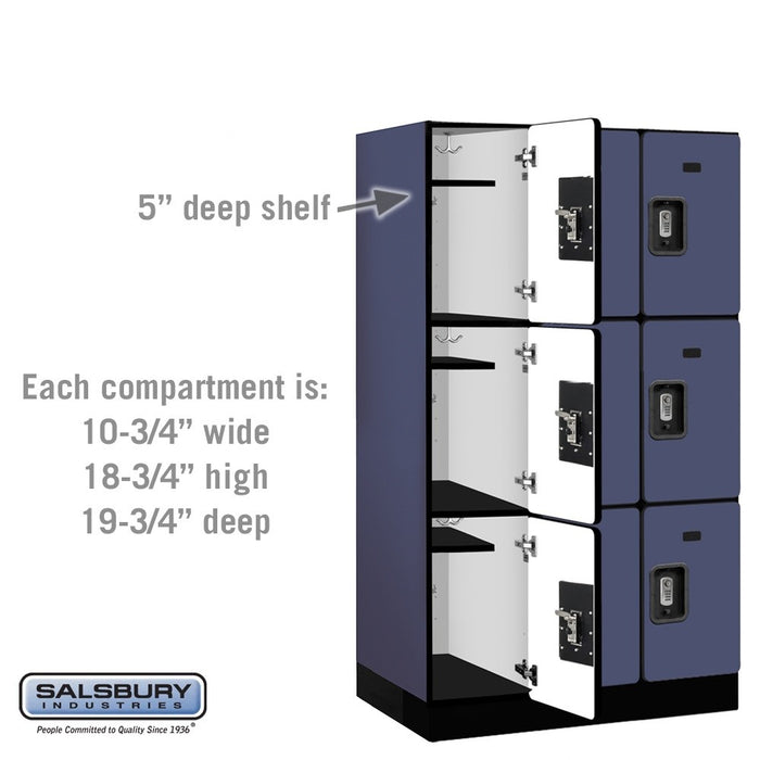 Salsbury 12" Wide Triple Tier Designer Wood Locker - 3 Wide - 5 Feet High - 21 Inches Deep - Blue - Silver Resettable Combination Locks - Sweatfully