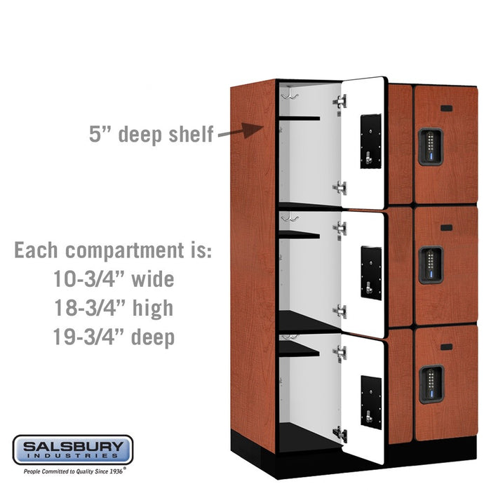 Salsbury 12" Wide Triple Tier Designer Wood Locker - 3 Wide - 5 Feet High - 21 Inches Deep - Cherry - Black Electronic Locks - Sweatfully