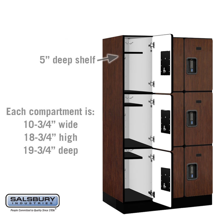 Salsbury 12" Wide Triple Tier Designer Wood Locker - 3 Wide - 5 Feet High - 21 Inches Deep - Mahogany - Black Electronic Locks - Sweatfully