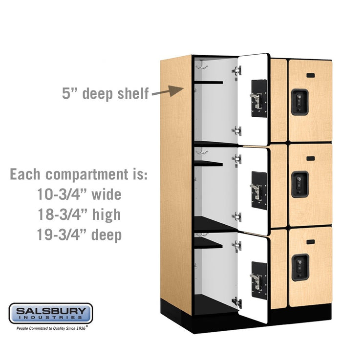 Salsbury 12" Wide Triple Tier Designer Wood Locker - 3 Wide - 5 Feet High - 21 Inches Deep - Maple - Black Resettable Combination Locks - Sweatfully
