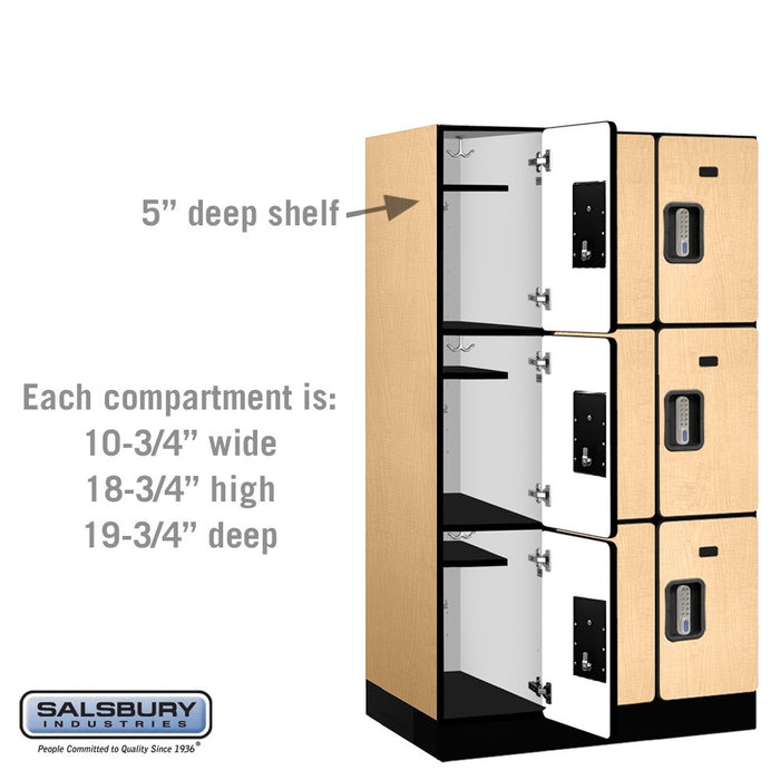 Salsbury 12" Wide Triple Tier Designer Wood Locker - 3 Wide - 5 Feet High - 21 Inches Deep - Maple - Silver Electronic Locks - Sweatfully