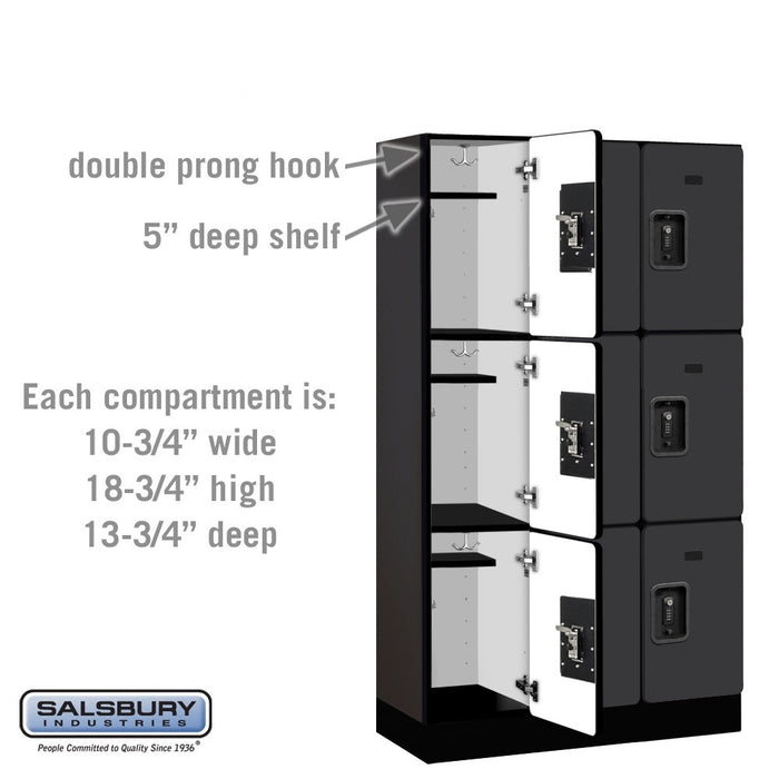Salsbury 12" Wide Triple Tier Designer Wood Locker - 3 Wide - 5 Feet High - 15 Inches Deep - Black - Black Resettable Combination Locks - Sweatfully