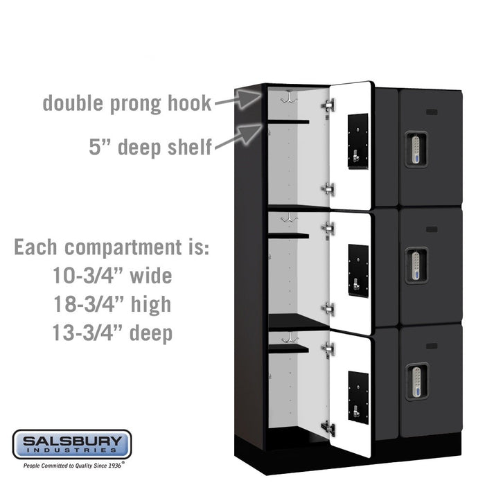 Salsbury 12" Wide Triple Tier Designer Wood Locker - 3 Wide - 5 Feet High - 15 Inches Deep - Black - Silver Electronic Locks - Sweatfully