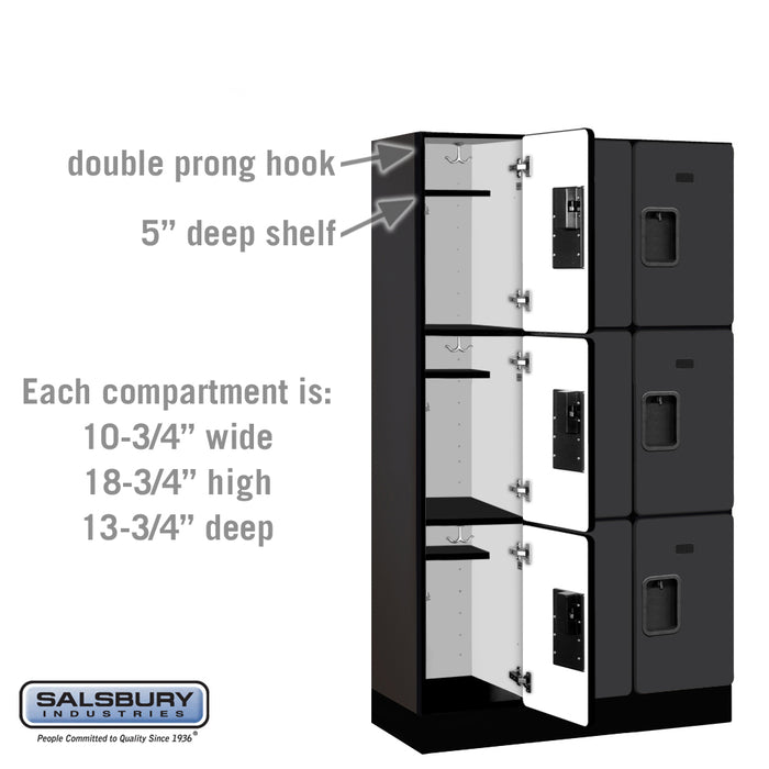 Salsbury 12" Wide Triple Tier Designer Wood Locker - 3 Wide - 5 Feet High - 15 Inches Deep - Black - Hasps - Sweatfully