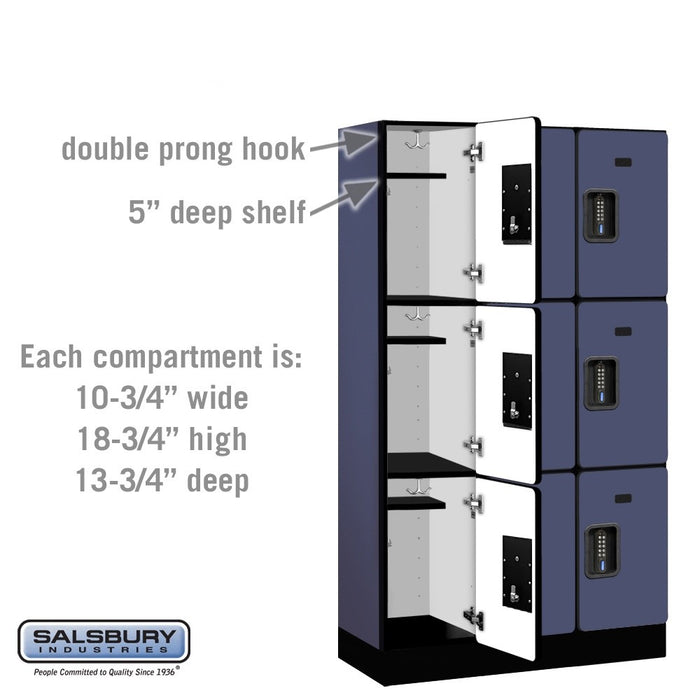 Salsbury 12" Wide Triple Tier Designer Wood Locker - 3 Wide - 5 Feet High - 15 Inches Deep - Blue - Black Electronic Locks - Sweatfully