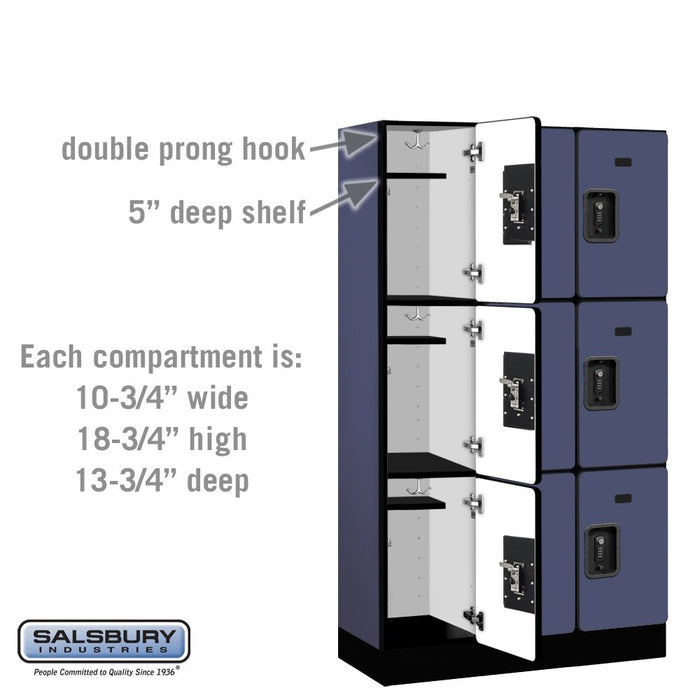 Salsbury 12" Wide Triple Tier Designer Wood Locker - 3 Wide - 5 Feet High - 15 Inches Deep - Blue - Black Resettable Combination Locks - Sweatfully