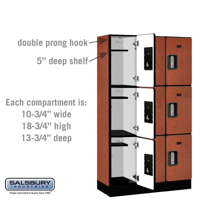 Salsbury 12" Wide Triple Tier Designer Wood Locker - 3 Wide - 5 Feet High - 15 Inches Deep - Cherry - Silver Electronic Locks - Sweatfully