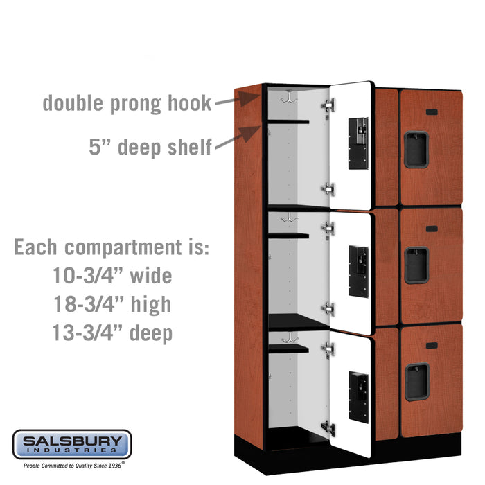Salsbury 12" Wide Triple Tier Designer Wood Locker - 3 Wide - 5 Feet High - 15 Inches Deep - Cherry - Hasps - Sweatfully