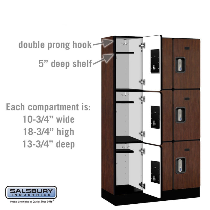 Salsbury 12" Wide Triple Tier Designer Wood Locker - 3 Wide - 5 Feet High - 15 Inches Deep - Mahogany - Silver Electronic Locks - Sweatfully