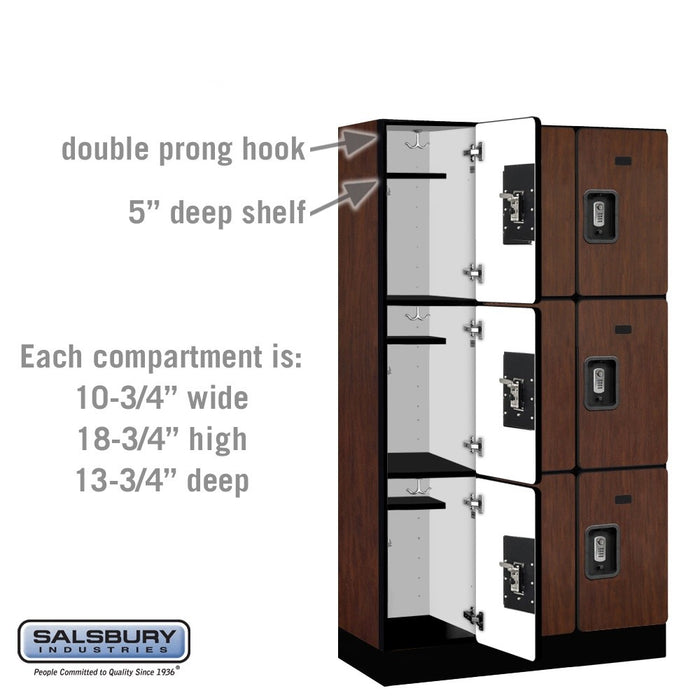 Salsbury 12" Wide Triple Tier Designer Wood Locker - 3 Wide - 5 Feet High - 15 Inches Deep - Mahogany - Silver Resettable Combination Locks - Sweatfully