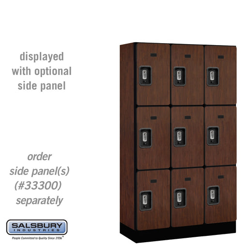 Salsbury 12" Wide Triple Tier Designer Wood Locker - 3 Wide - 5 Feet High - 15 Inches Deep - Mahogany - Silver Resettable Combination Locks - Sweatfully