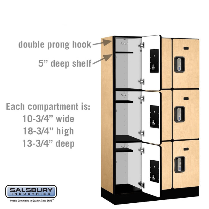 Salsbury 12" Wide Triple Tier Designer Wood Locker - 3 Wide - 5 Feet High - 15 Inches Deep - Maple - Silver Electronic Locks - Sweatfully