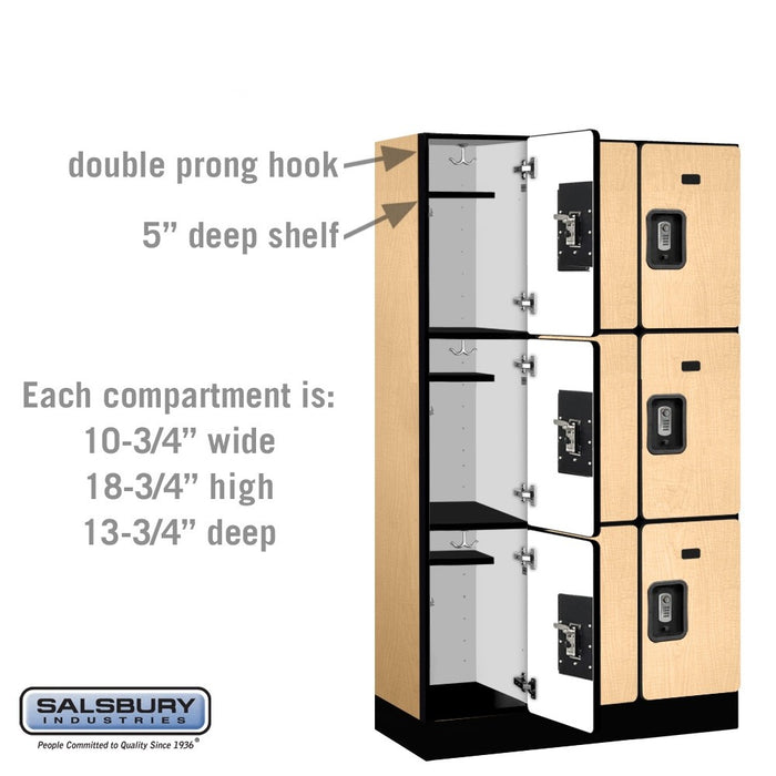 Salsbury 12" Wide Triple Tier Designer Wood Locker - 3 Wide - 5 Feet High - 15 Inches Deep - Maple - Silver Resettable Combination Locks - Sweatfully