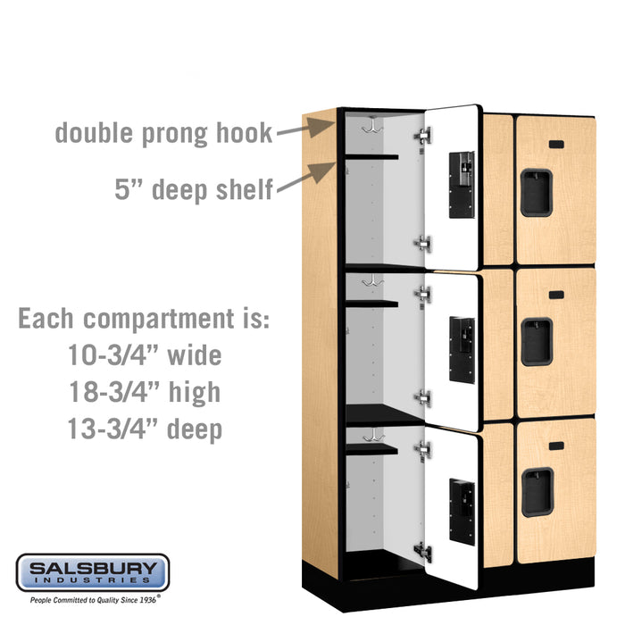 Salsbury 12" Wide Triple Tier Designer Wood Locker - 3 Wide - 5 Feet High - 15 Inches Deep - Maple - Hasps - Sweatfully