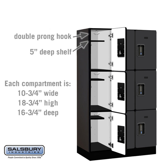 Salsbury 12" Wide Triple Tier Designer Wood Locker - 3 Wide - 5 Feet High - 18 Inches Deep - Black - Black Electronic Locks - Sweatfully