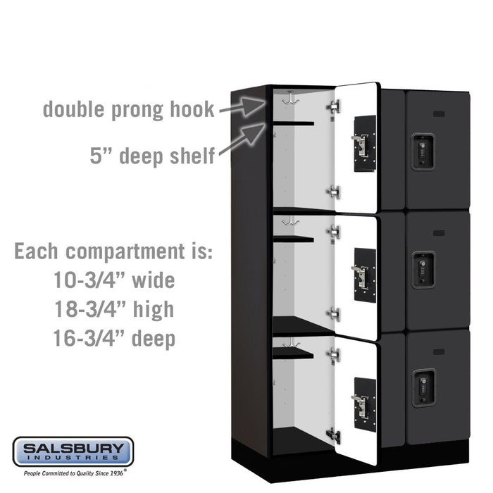 Salsbury 12" Wide Triple Tier Designer Wood Locker - 3 Wide - 5 Feet High - 18 Inches Deep - Black - Black Resettable Combination Locks - Sweatfully