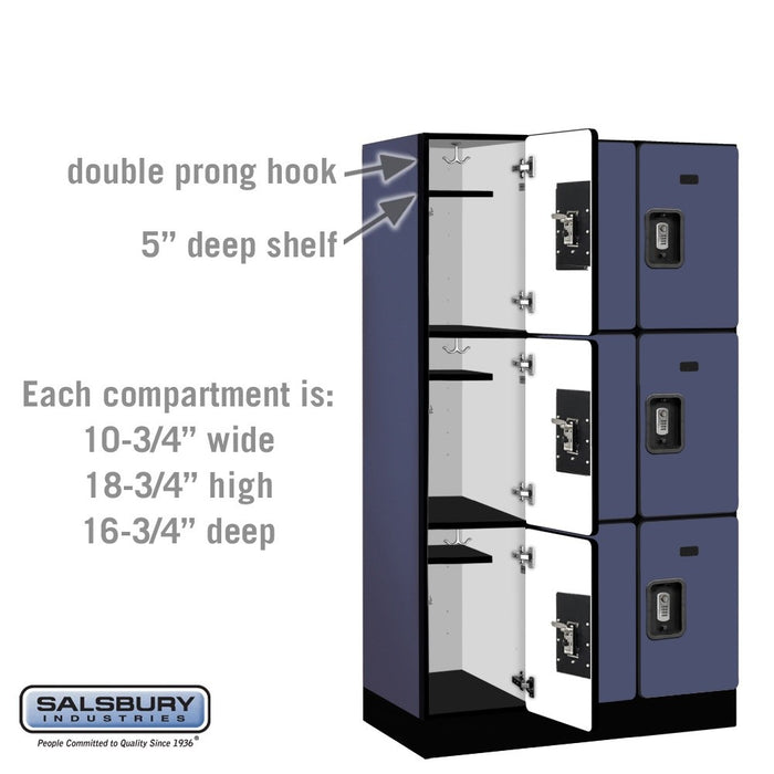 Salsbury 12" Wide Triple Tier Designer Wood Locker - 3 Wide - 5 Feet High - 18 Inches Deep - Blue - Silver Resettable Combination Locks - Sweatfully