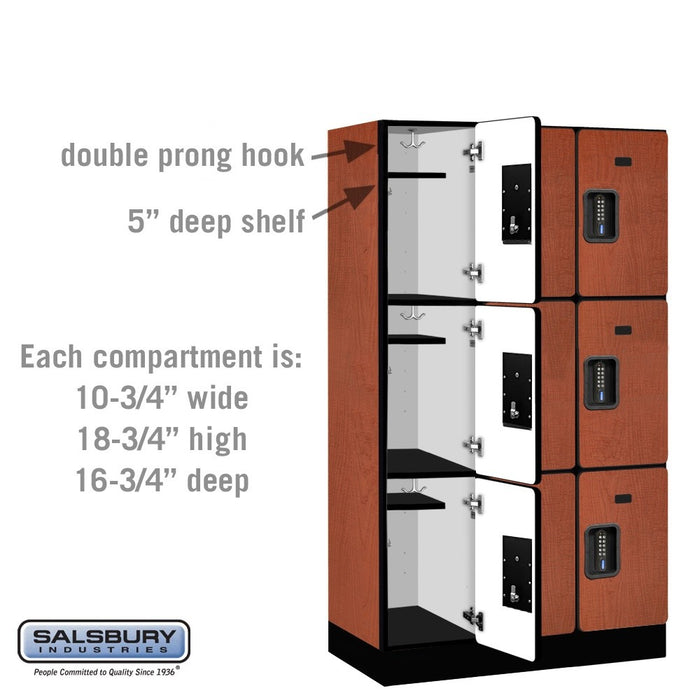 Salsbury 12" Wide Triple Tier Designer Wood Locker - 3 Wide - 5 Feet High - 18 Inches Deep - Cherry - Black Electronic Locks - Sweatfully
