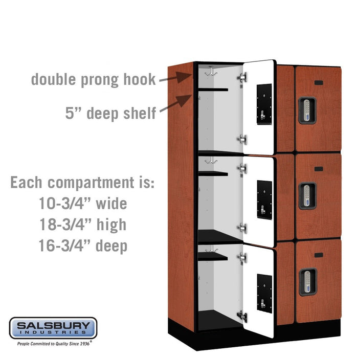 Salsbury 12" Wide Triple Tier Designer Wood Locker - 3 Wide - 5 Feet High - 18 Inches Deep - Cherry - Silver Electronic Locks - Sweatfully
