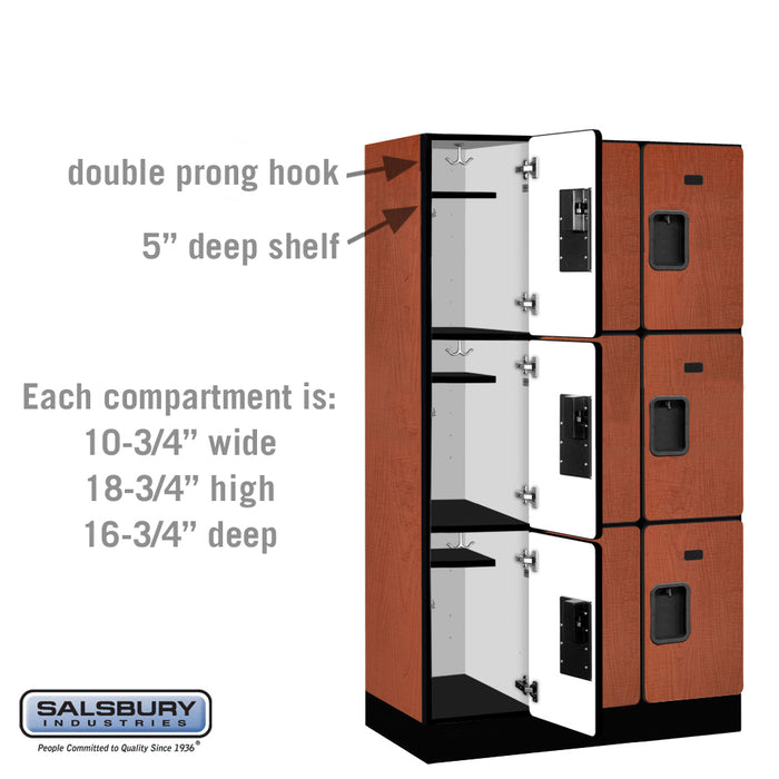 Salsbury 12" Wide Triple Tier Designer Wood Locker - 3 Wide - 5 Feet High - 18 Inches Deep - Cherry - Hasps - Sweatfully