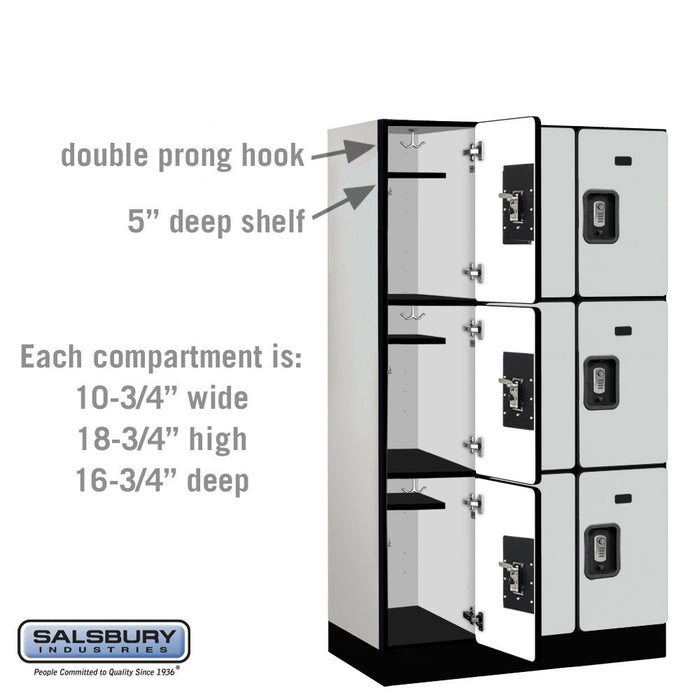 Salsbury 12" Wide Triple Tier Designer Wood Locker - 3 Wide - 5 Feet High - 18 Inches Deep - Gray - Silver Resettable Combination Locks - Sweatfully
