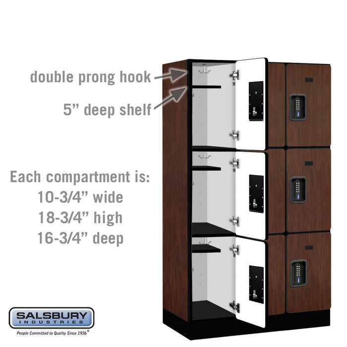 Salsbury 12" Wide Triple Tier Designer Wood Locker - 3 Wide - 5 Feet High - 18 Inches Deep - Mahogany - Black Electronic Locks - Sweatfully