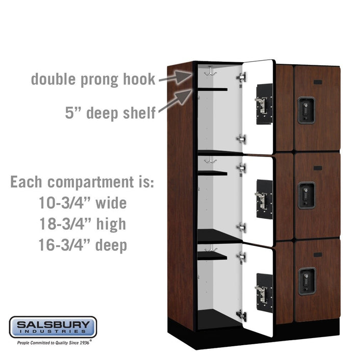 Salsbury 12" Wide Triple Tier Designer Wood Locker - 3 Wide - 5 Feet High - 18 Inches Deep - Mahogany - Black Resettable Combination Locks - Sweatfully
