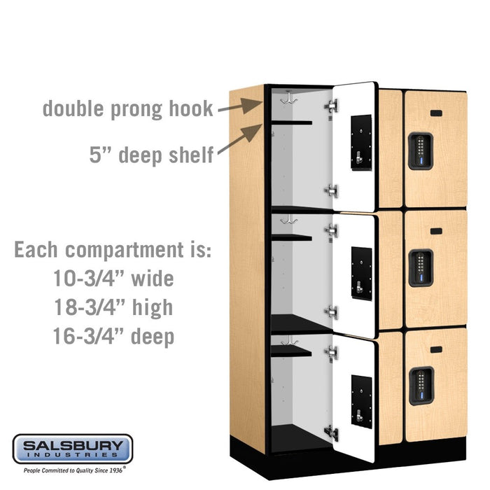 Salsbury 12" Wide Triple Tier Designer Wood Locker - 3 Wide - 5 Feet High - 18 Inches Deep - Maple - Black Electronic Locks - Sweatfully