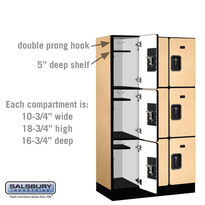Salsbury 12" Wide Triple Tier Designer Wood Locker - 3 Wide - 5 Feet High - 18 Inches Deep - Maple - Black Resettable Combination Locks - Sweatfully