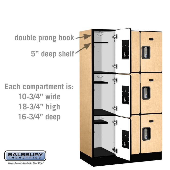 Salsbury 12" Wide Triple Tier Designer Wood Locker - 3 Wide - 5 Feet High - 18 Inches Deep - Maple - Silver Electronic Locks - Sweatfully