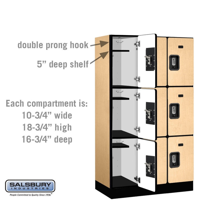 Salsbury 12" Wide Triple Tier Designer Wood Locker - 3 Wide - 5 Feet High - 18 Inches Deep - Maple - Silver Resettable Combination Locks - Sweatfully