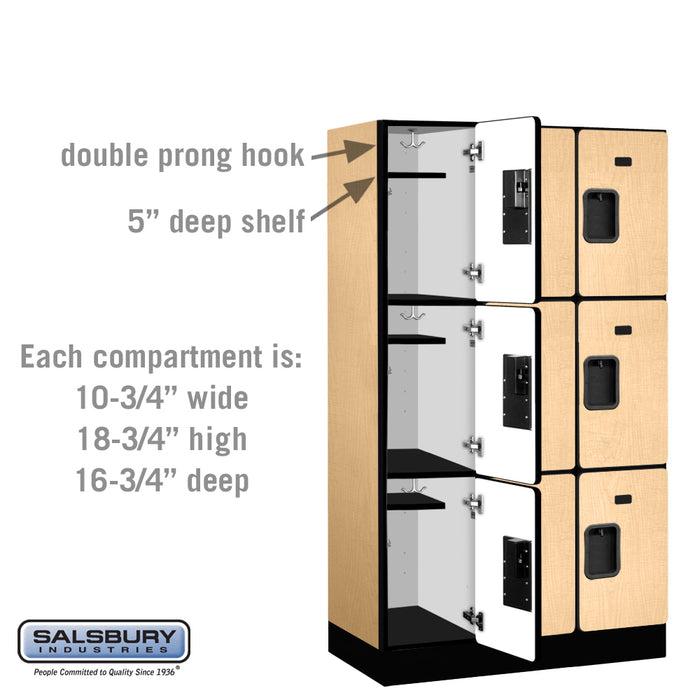 Salsbury 12" Wide Triple Tier Designer Wood Locker - 3 Wide - 5 Feet High - 18 Inches Deep - Maple - Hasps - Sweatfully