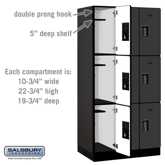 Salsbury 12" Wide Triple Tier Designer Wood Locker - 3 Wide - 6 Feet High - 21 Inches Deep - Black - Black Electronic Locks - Sweatfully