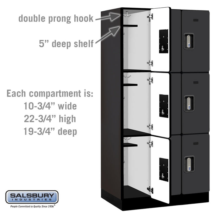 Salsbury 12" Wide Triple Tier Designer Wood Locker - 3 Wide - 6 Feet High - 21 Inches Deep - Black - Silver Electronic Locks - Sweatfully