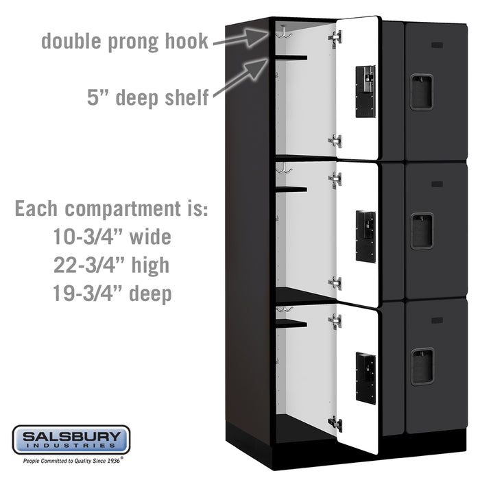Salsbury 12" Wide Triple Tier Designer Wood Locker - 3 Wide - 6 Feet High - 21 Inches Deep - Black - Hasps - Sweatfully
