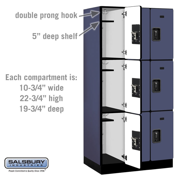Salsbury 12" Wide Triple Tier Designer Wood Locker - 3 Wide - 6 Feet High - 21 Inches Deep - Blue - Black Resettable Combination Locks - Sweatfully