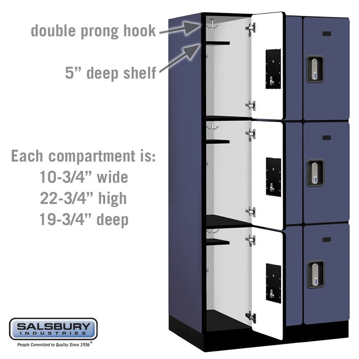 Salsbury 12" Wide Triple Tier Designer Wood Locker - 3 Wide - 6 Feet High - 21 Inches Deep - Blue - Silver Electronic Locks - Sweatfully