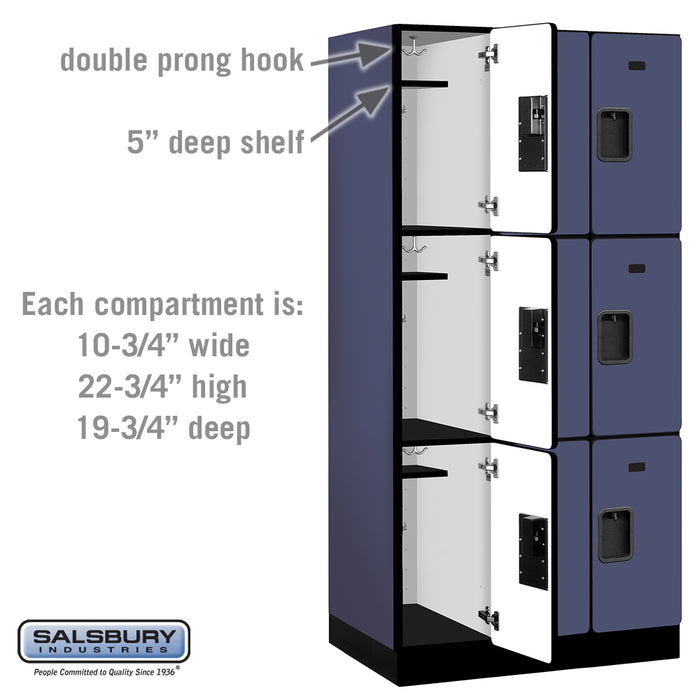 Salsbury 12" Wide Triple Tier Designer Wood Locker - 3 Wide - 6 Feet High - 21 Inches Deep - Blue - Hasps - Sweatfully