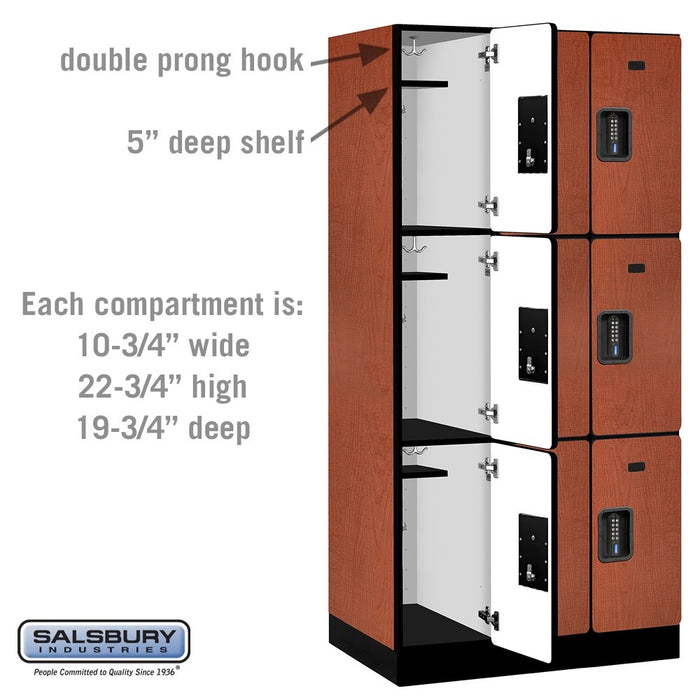 Salsbury 12" Wide Triple Tier Designer Wood Locker - 3 Wide - 6 Feet High - 21 Inches Deep - Cherry - Black Electronic Locks - Sweatfully