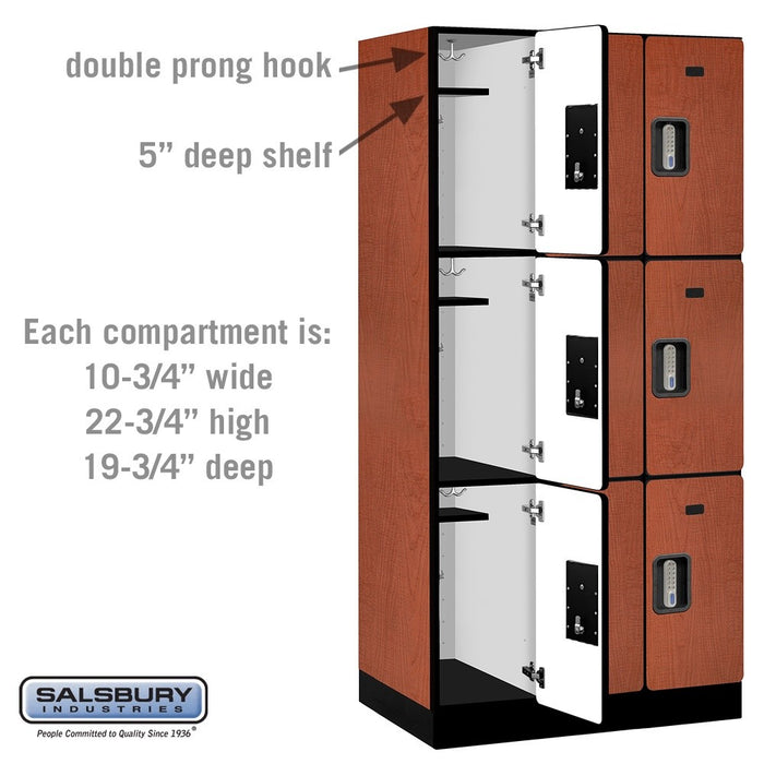 Salsbury 12" Wide Triple Tier Designer Wood Locker - 3 Wide - 6 Feet High - 21 Inches Deep - Cherry - Silver Electronic Locks - Sweatfully