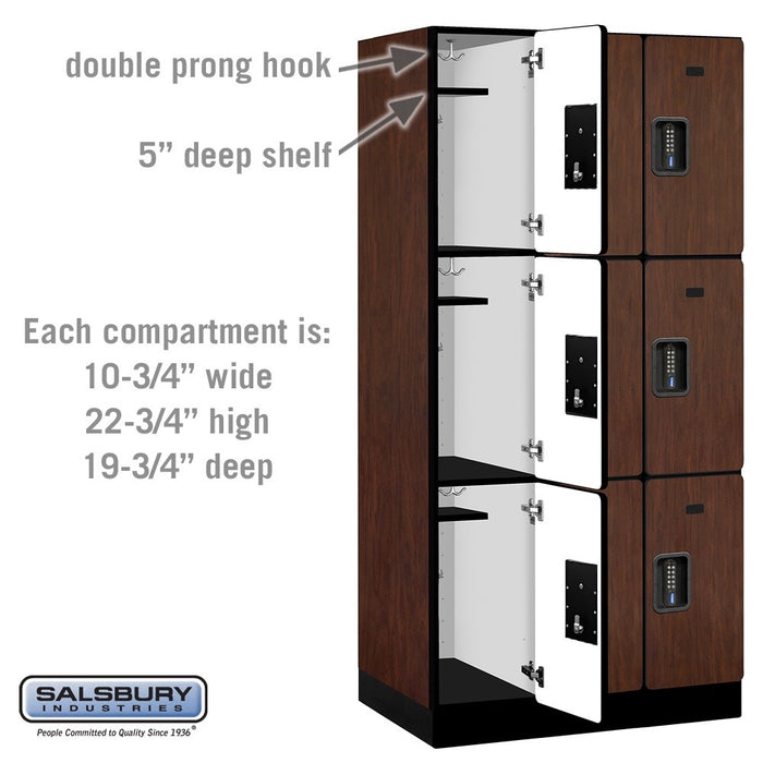 Salsbury 12" Wide Triple Tier Designer Wood Locker - 3 Wide - 6 Feet High - 21 Inches Deep - Mahogany - Black Electronic Locks - Sweatfully