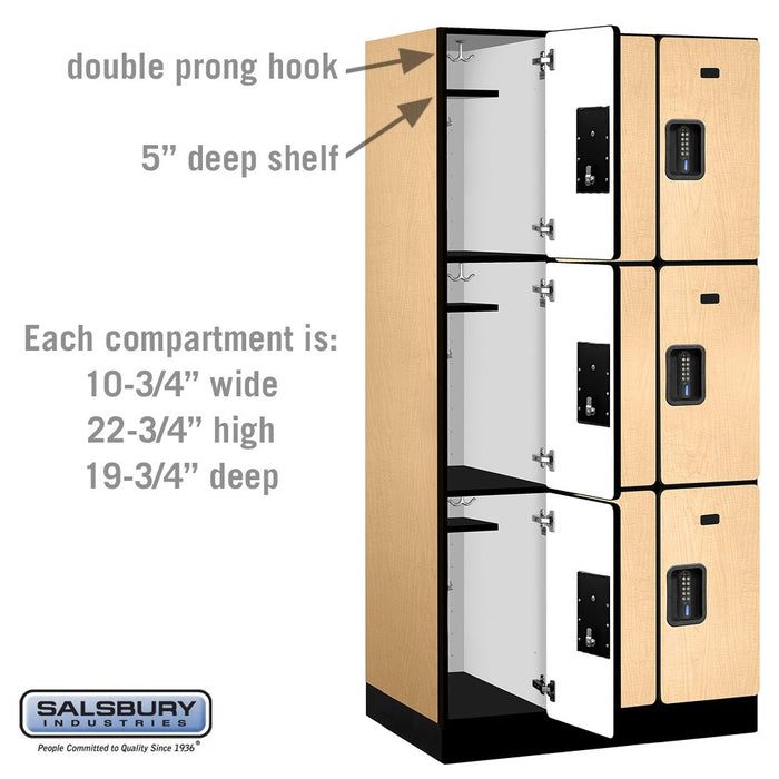 Salsbury 12" Wide Triple Tier Designer Wood Locker - 3 Wide - 6 Feet High - 21 Inches Deep - Maple - Black Electronic Locks - Sweatfully