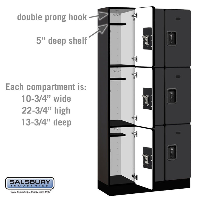 Salsbury 12" Wide Triple Tier Designer Wood Locker - 3 Wide - 6 Feet High - 15 Inches Deep - Black - Black Resettable Combination Locks - Sweatfully