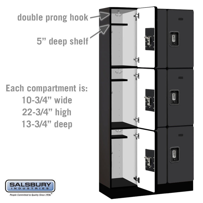 Salsbury 12" Wide Triple Tier Designer Wood Locker - 3 Wide - 6 Feet High - 15 Inches Deep - Black - Silver Resettable Combination Locks - Sweatfully