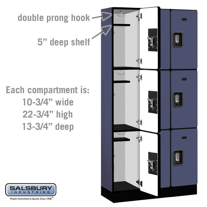 Salsbury 12" Wide Triple Tier Designer Wood Locker - 3 Wide - 6 Feet High - 15 Inches Deep - Blue - Silver Resettable Combination Locks - Sweatfully