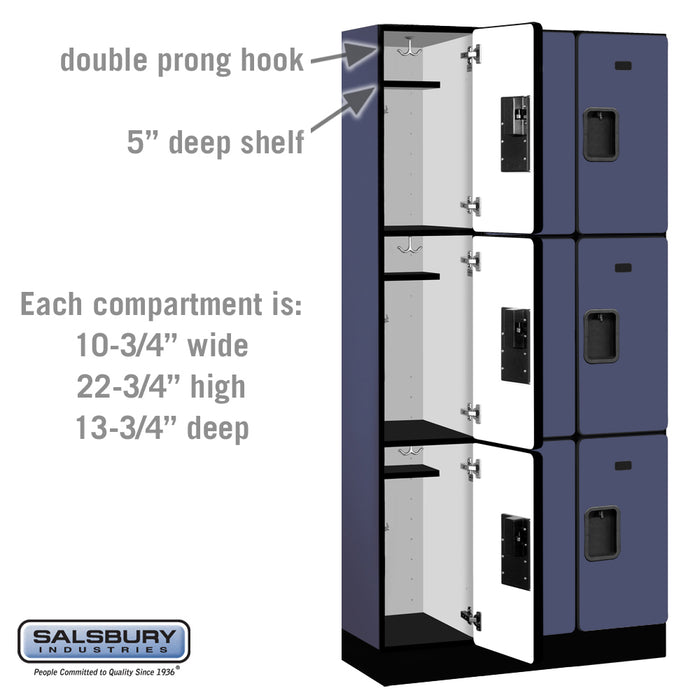 Salsbury 12" Wide Triple Tier Designer Wood Locker - 3 Wide - 6 Feet High - 15 Inches Deep - Blue - Hasps - Sweatfully