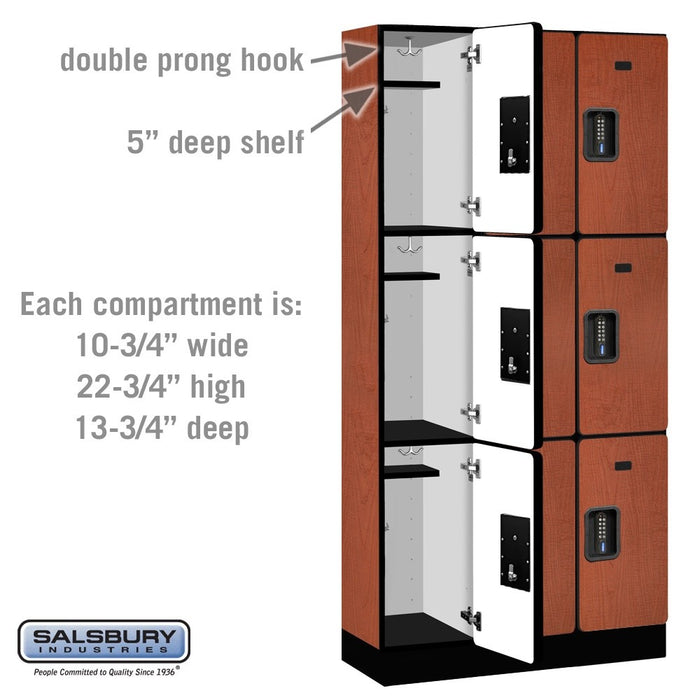 Salsbury 12" Wide Triple Tier Designer Wood Locker - 3 Wide - 6 Feet High - 15 Inches Deep - Cherry - Black Electronic Locks - Sweatfully