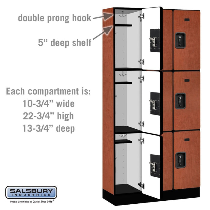 Salsbury 12" Wide Triple Tier Designer Wood Locker - 3 Wide - 6 Feet High - 15 Inches Deep - Cherry - Black Resettable Combination Locks - Sweatfully