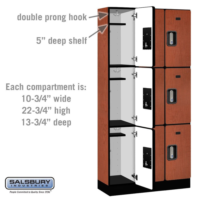 Salsbury 12" Wide Triple Tier Designer Wood Locker - 3 Wide - 6 Feet High - 15 Inches Deep - Cherry - Silver Electronic Locks - Sweatfully